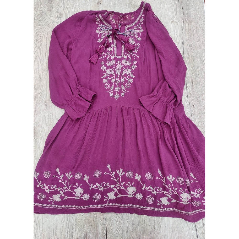 Boho Embroidered Dress Womens Purple Floral Swing Peasant Whimsigoth